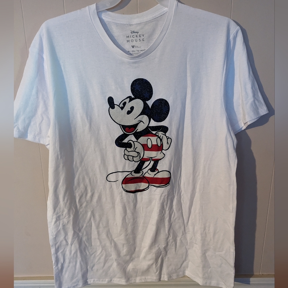 Mickey Mouse Stars & Stripes Patriotic Men's Size XL White T Shirt Cotton Polyes